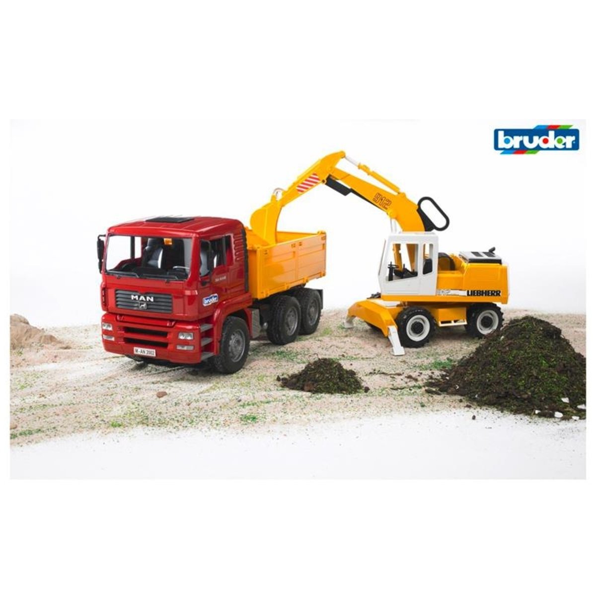 Camion à benne basculante MAN TGA avec pelleteuse Liebherr multicolore, BRUDER