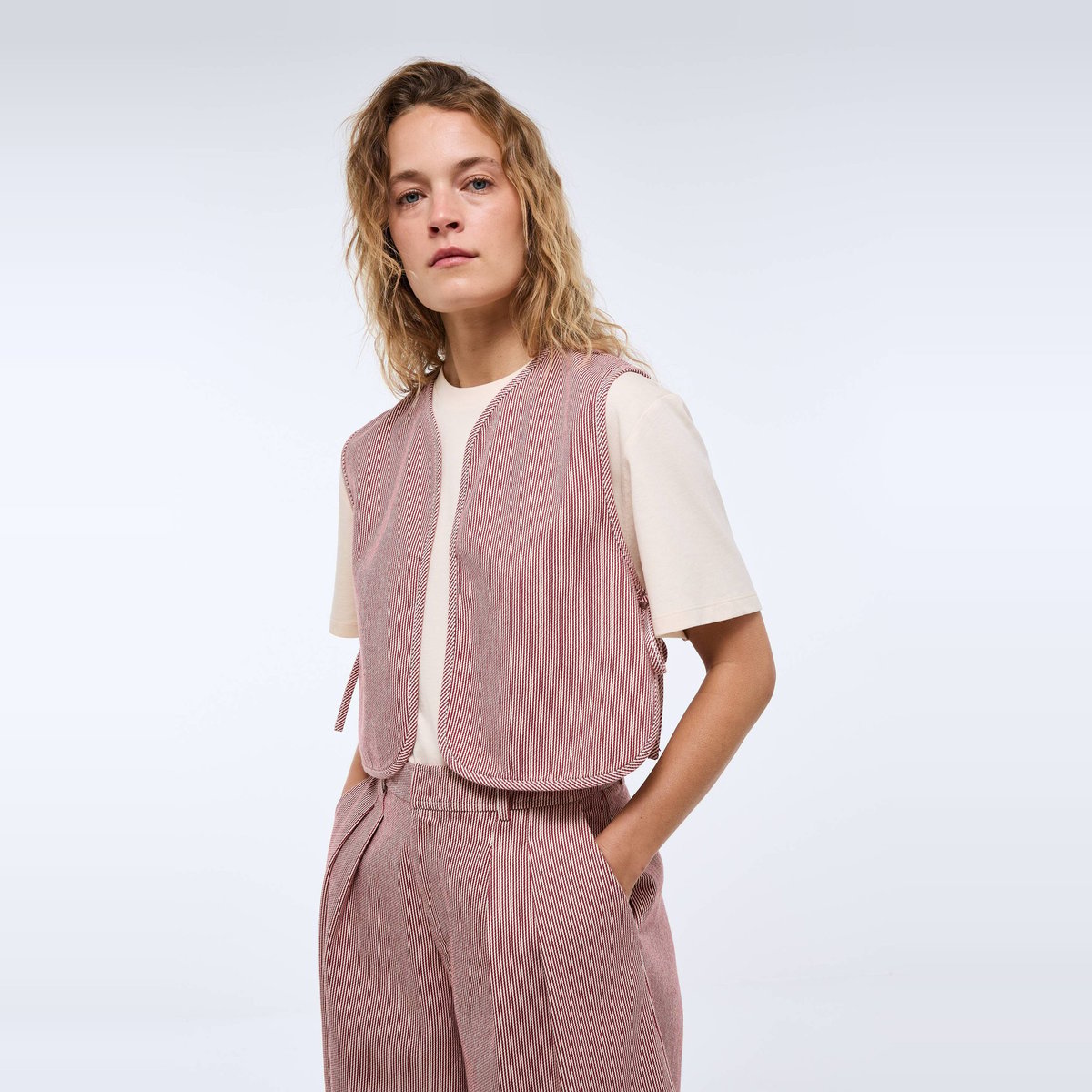 Veste sans manches rayée en coton rouge, MONOPRIX