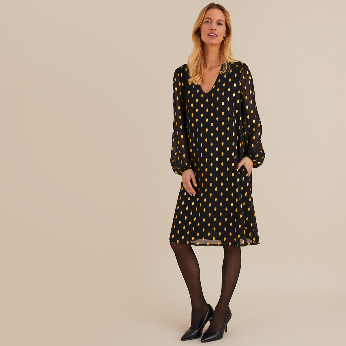 Full Mid-Length Dress with Long Sleeves polka dot print/black background, ANNE WEYBURN