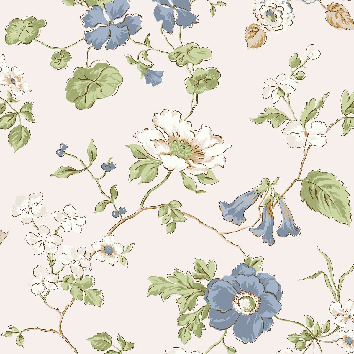 Papier peint Fleurs de capucine Pennywell Grove bleu, vert, beige, LAURA ASHLEY