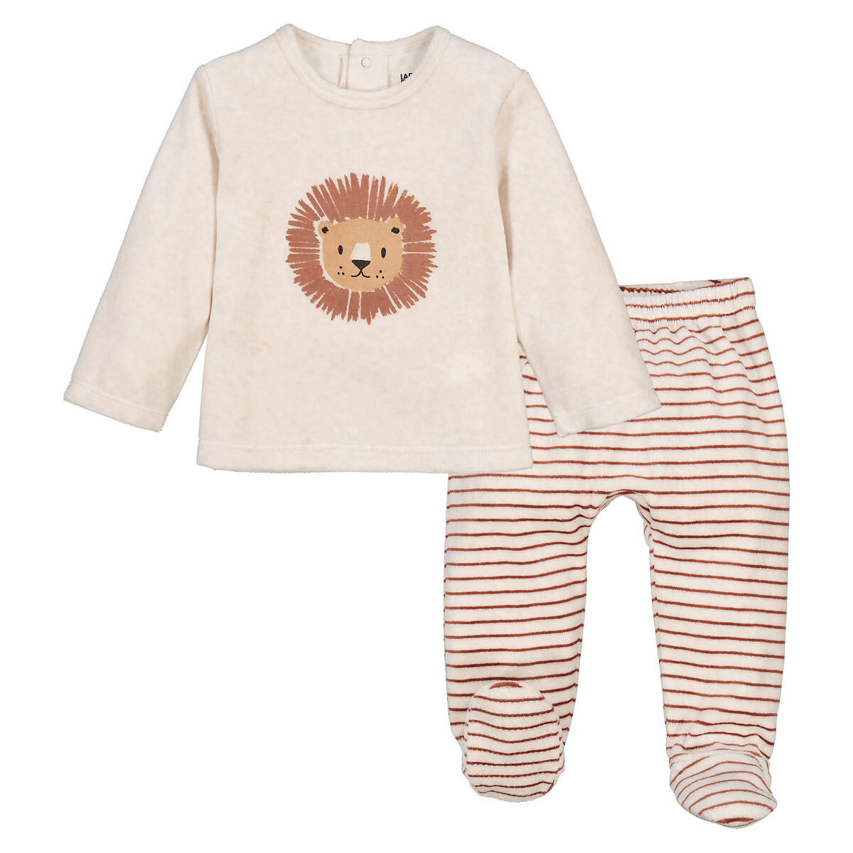 2-delige pyjama in fluweel, leeuwmotief en strepen gemengd, LA REDOUTE COLLECTIONS