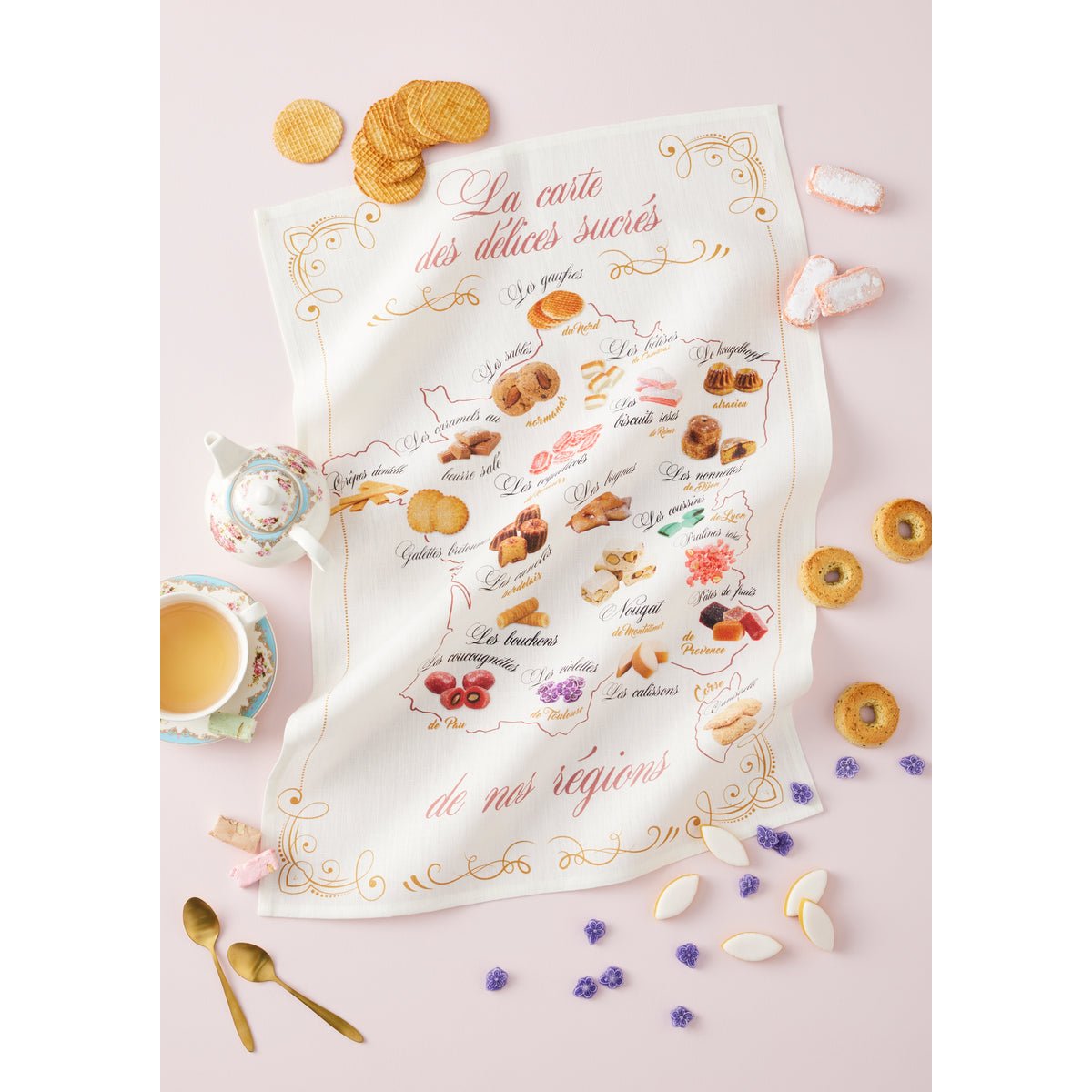 Torchon imprimé coton et lin CARTE GOURMANDE beige, COUCKE