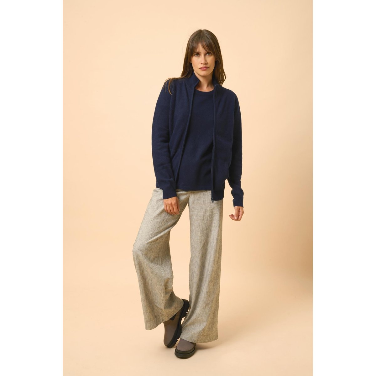 Gilet Zippé Col Montant Navy Ayr bleu foncé, JUST CASHMERE