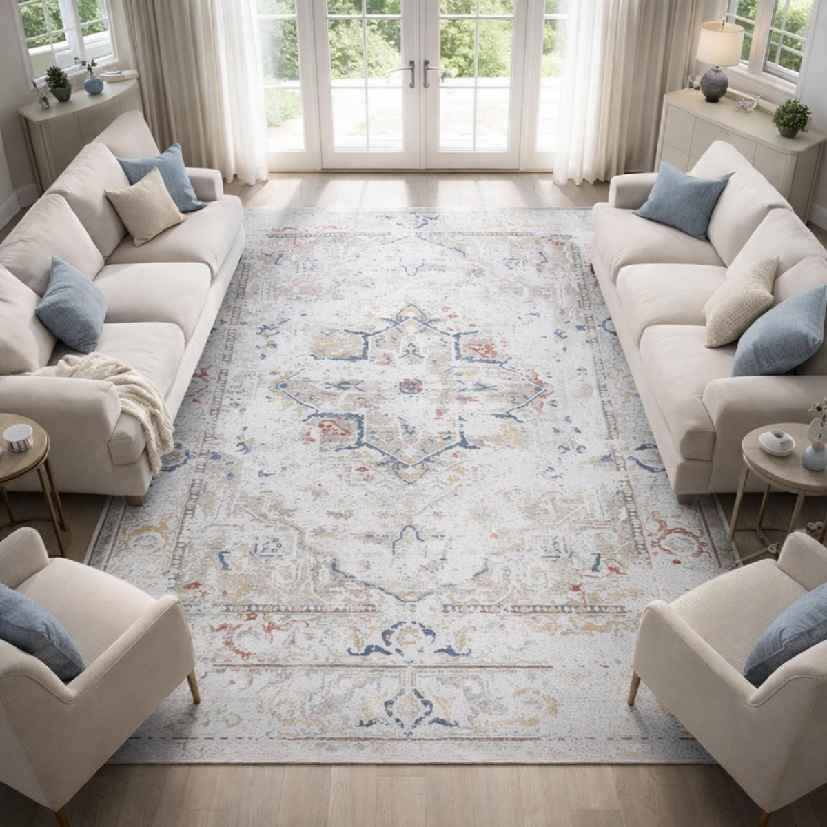 Tapis d'orient, motif oriental, LYN55 SAMARA crème, beige, bleu, UN AMOUR DE TAPIS
