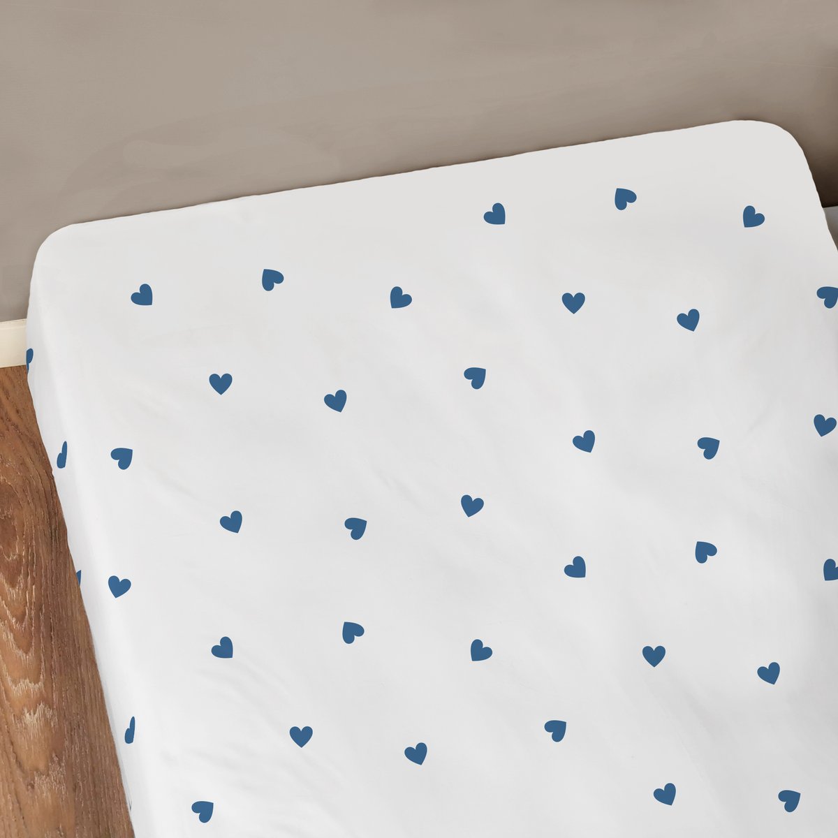 Drap-housse imprimé 100% coton, PLUIE DE COEURS blanc, bleu, MATT ET ROSE