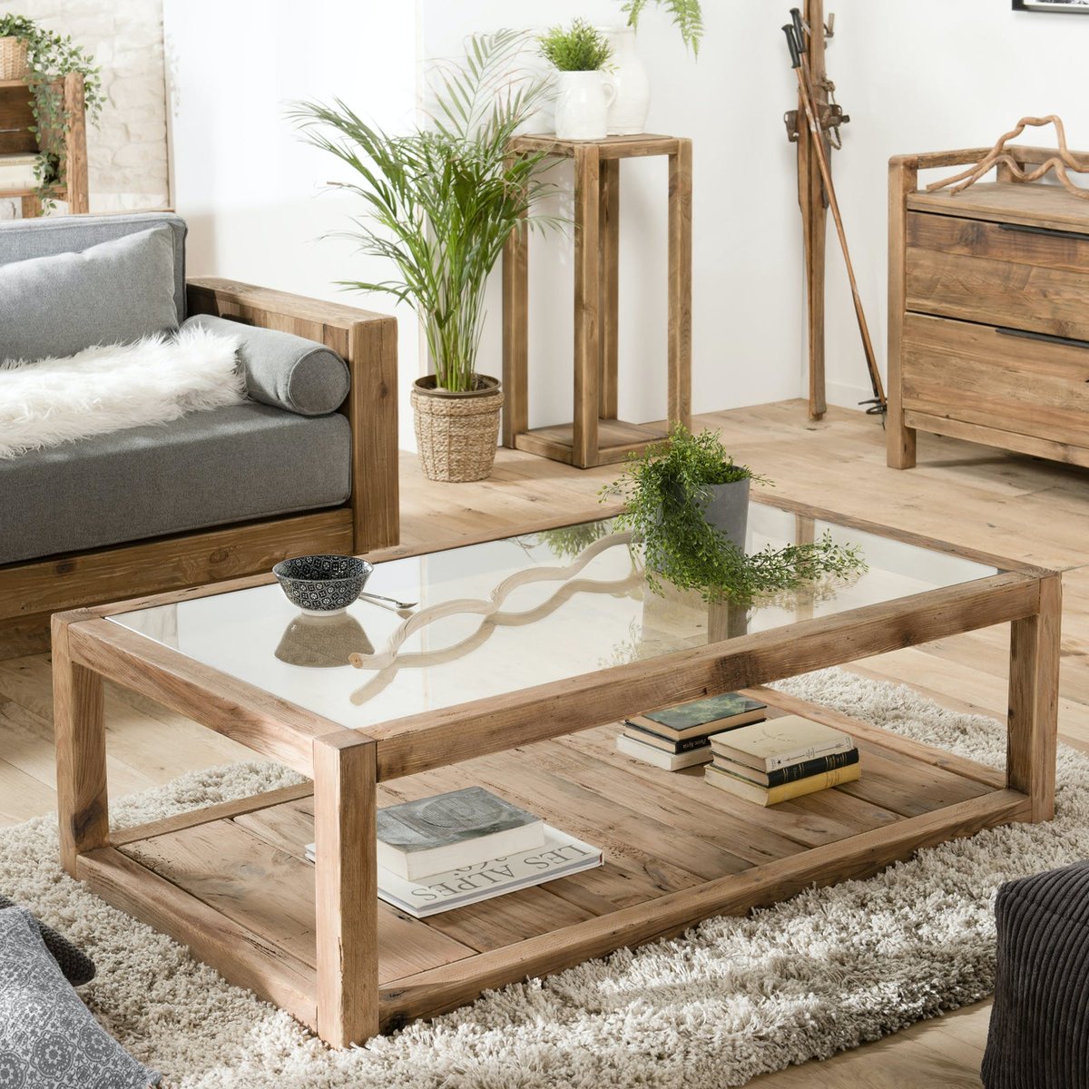 Table basse en pin plateau verre style campagne moderne DENVER bois naturel, PIER IMPORT