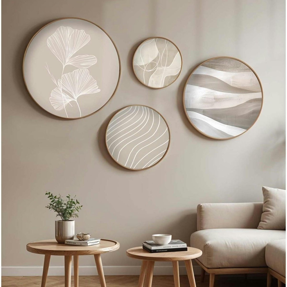 Tableau rond zen beige et bois – nature abstraite (set de 4) beige, PIER IMPORT