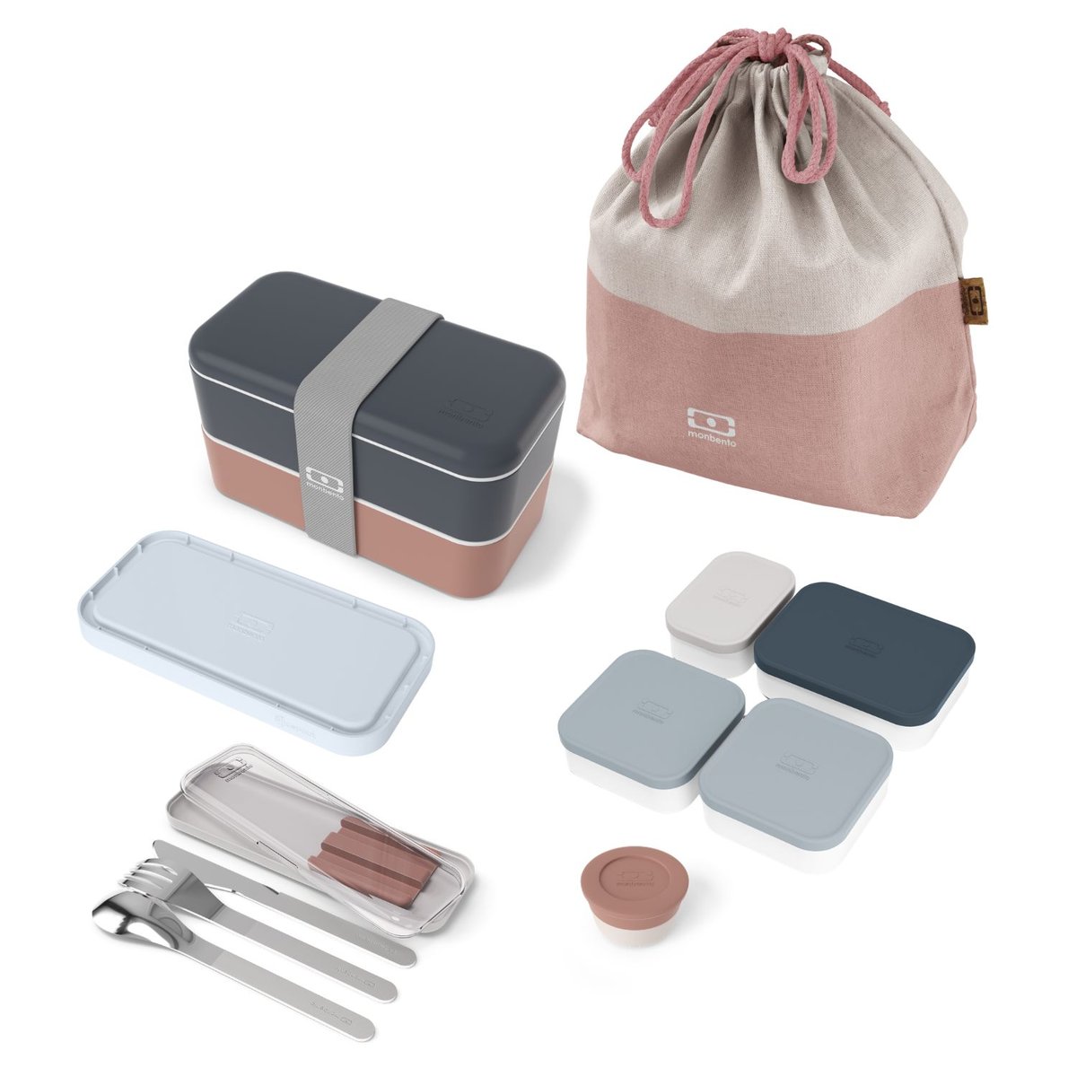 Set repas lunch box 2 étages 1L avec accessoires bleu/rose, MONBENTO
