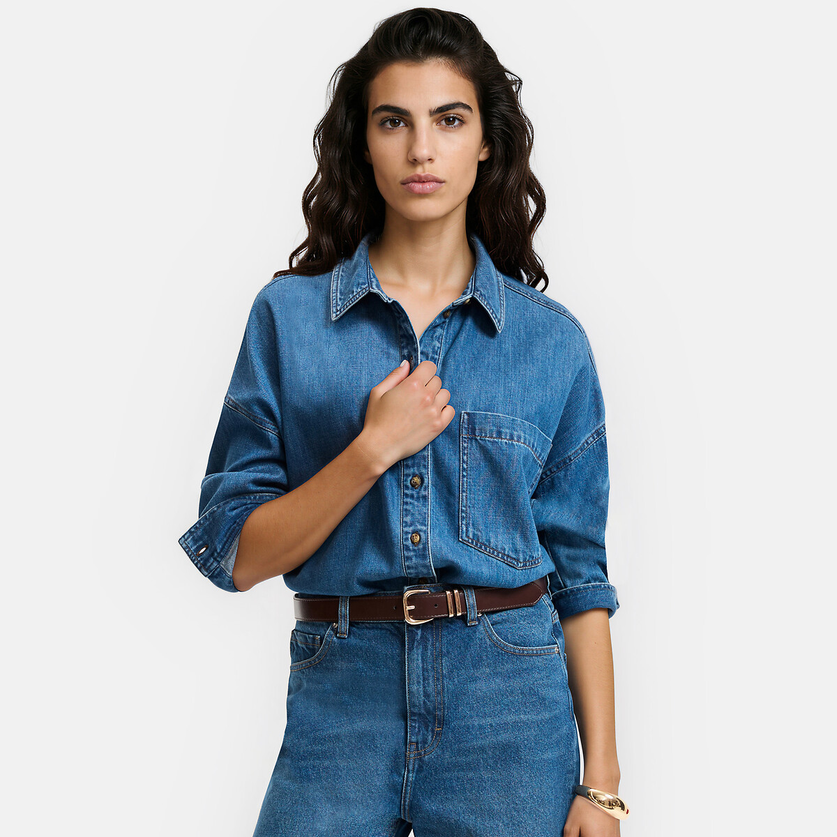 Chemise oversize en denim bleu stone, LA REDOUTE COLLECTIONS