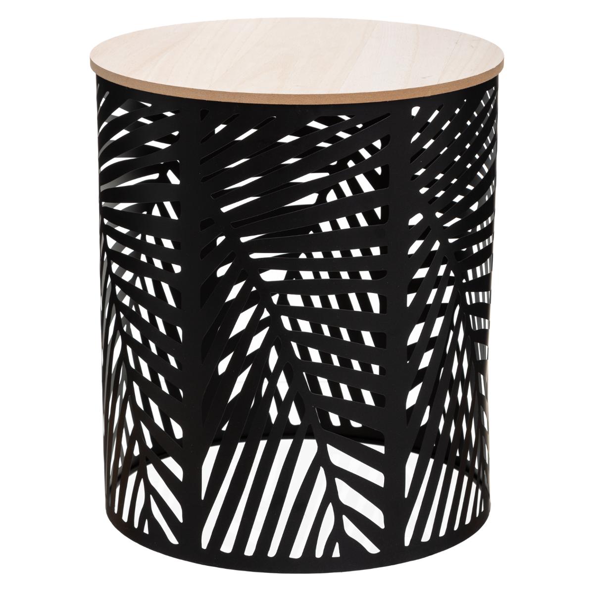 Lot de 2 tables basses gigognes fer ajouré plateau bois de paulownia FEUILLES noir, ATMOSPHERA