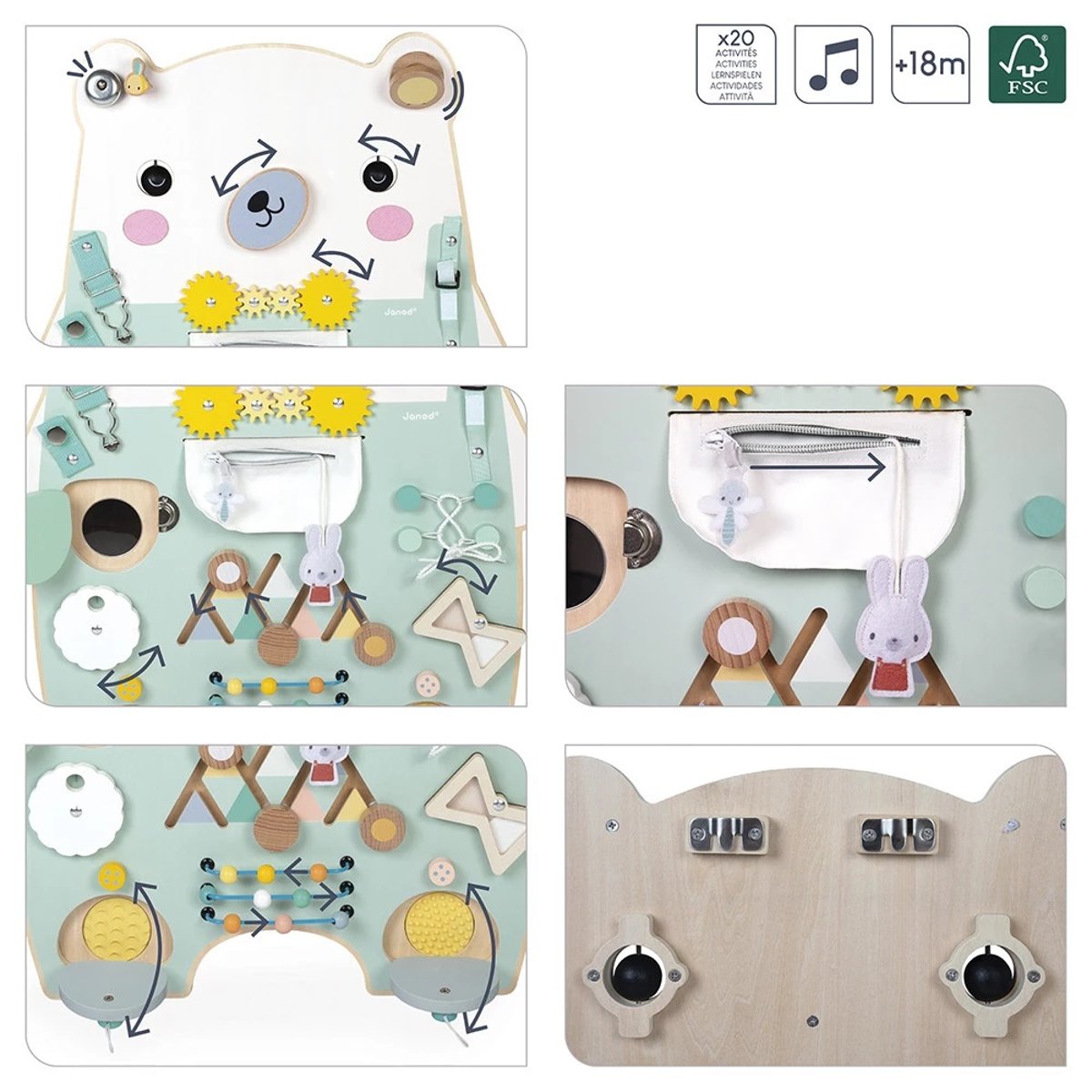 Panneau D'activités En Bois Busy Board Ourson blanc, JANOD