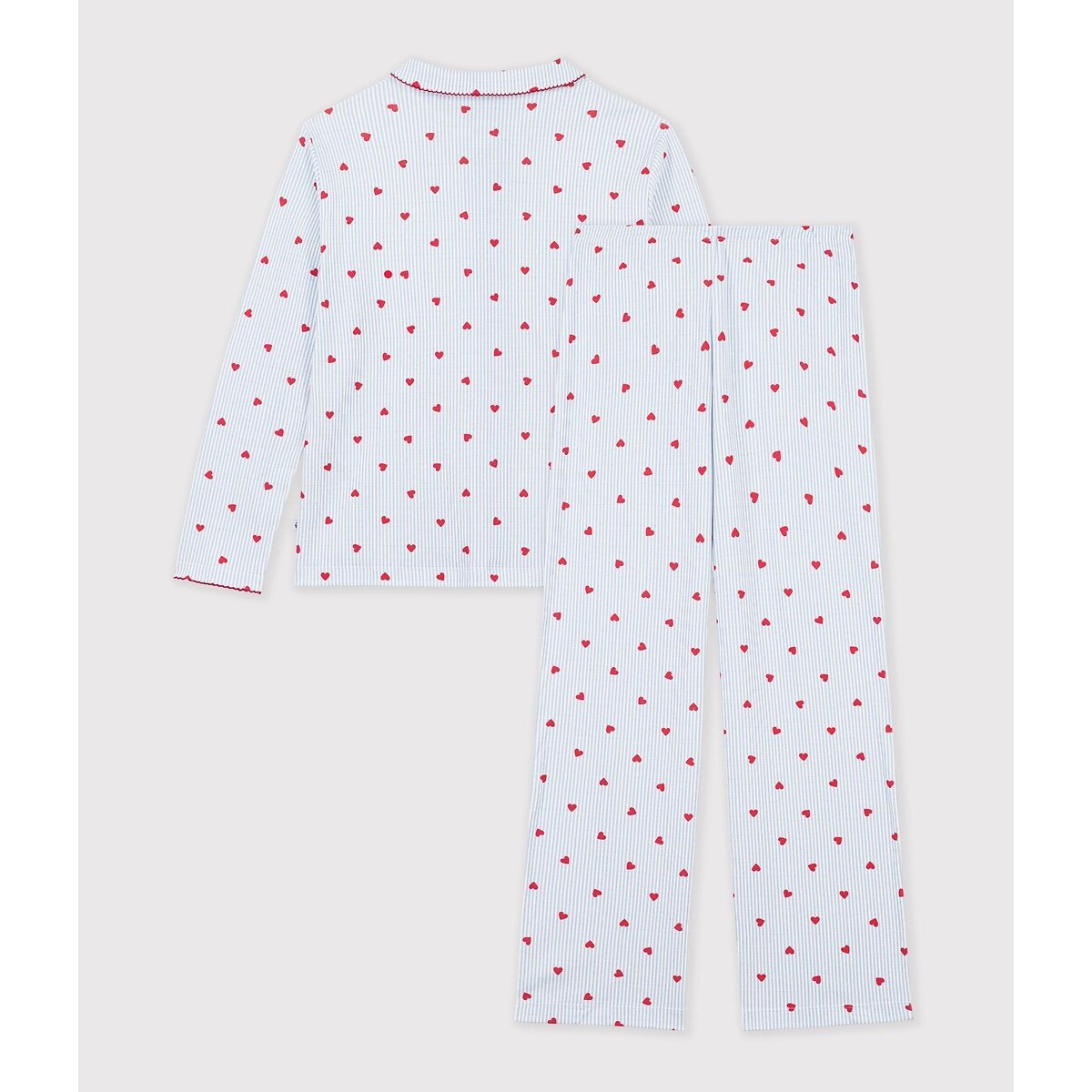 Pijama de 2 piezas, algodón, estampado de rayas y corazones rayas blanco azul, PETIT BATEAU