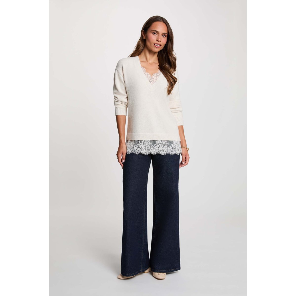 Pull col v manches longues ivoire, MORGAN
