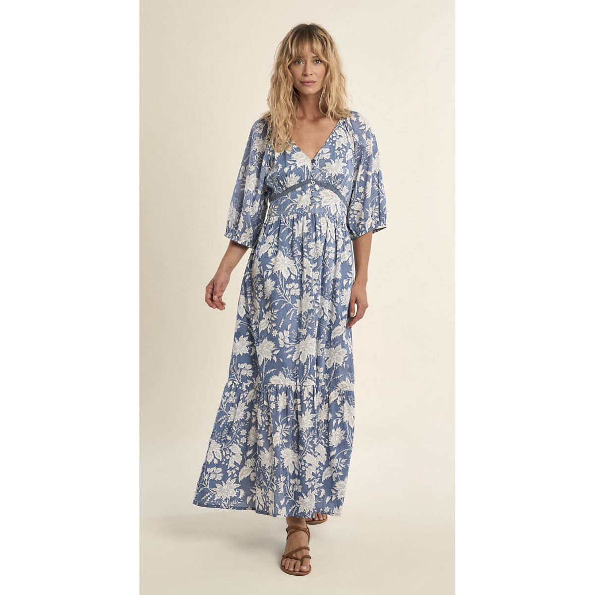Printed Maxi Dress with Short Sleeves light blue print, MOLLY BRACKEN