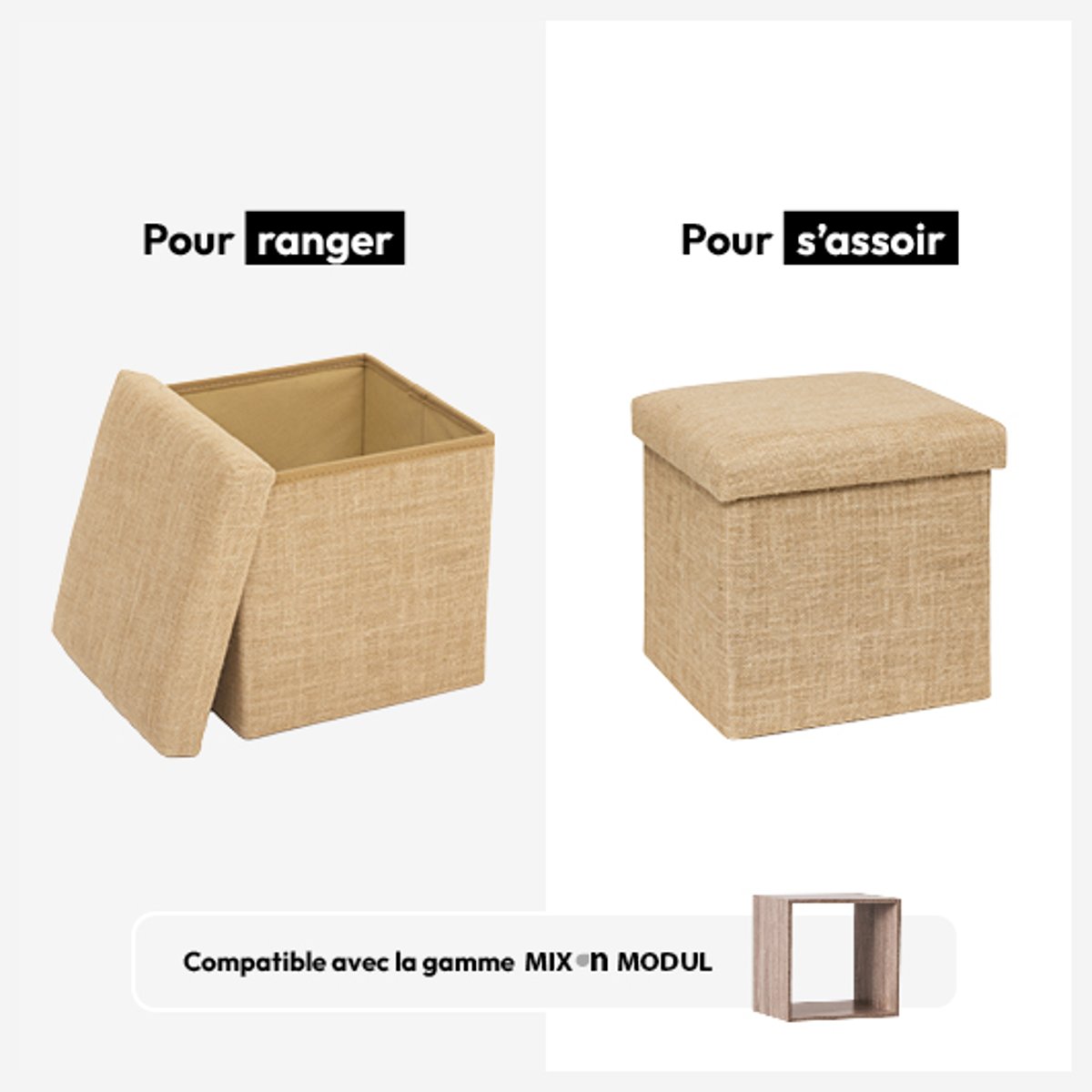 Pouf de rangement en toile de jute MIX'N MODUL beige, 5FIVE SIMPLY SMART