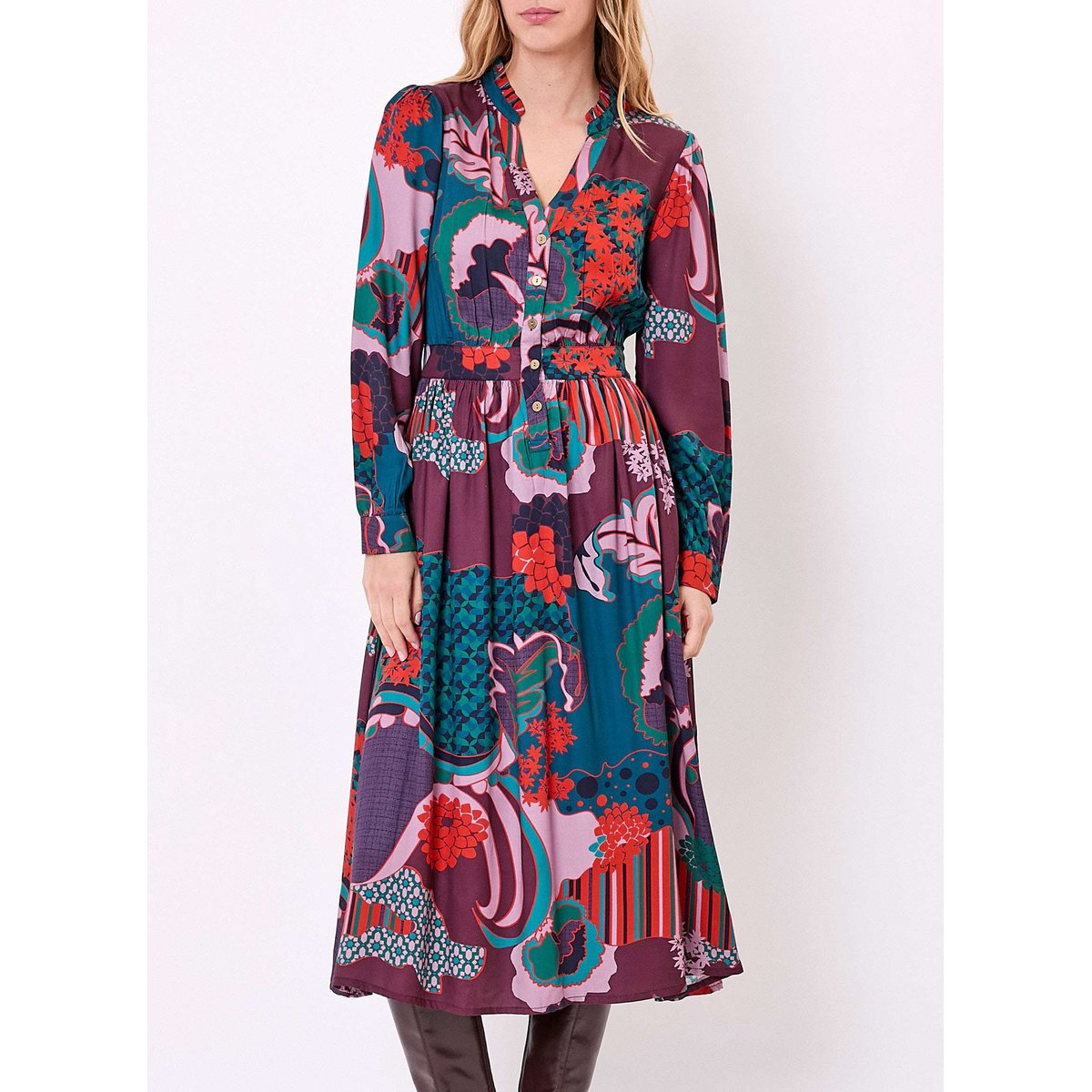 Robe midi fluide évasée imprimée URIKO rouge brique preeti uriko, LA FIANCÉE