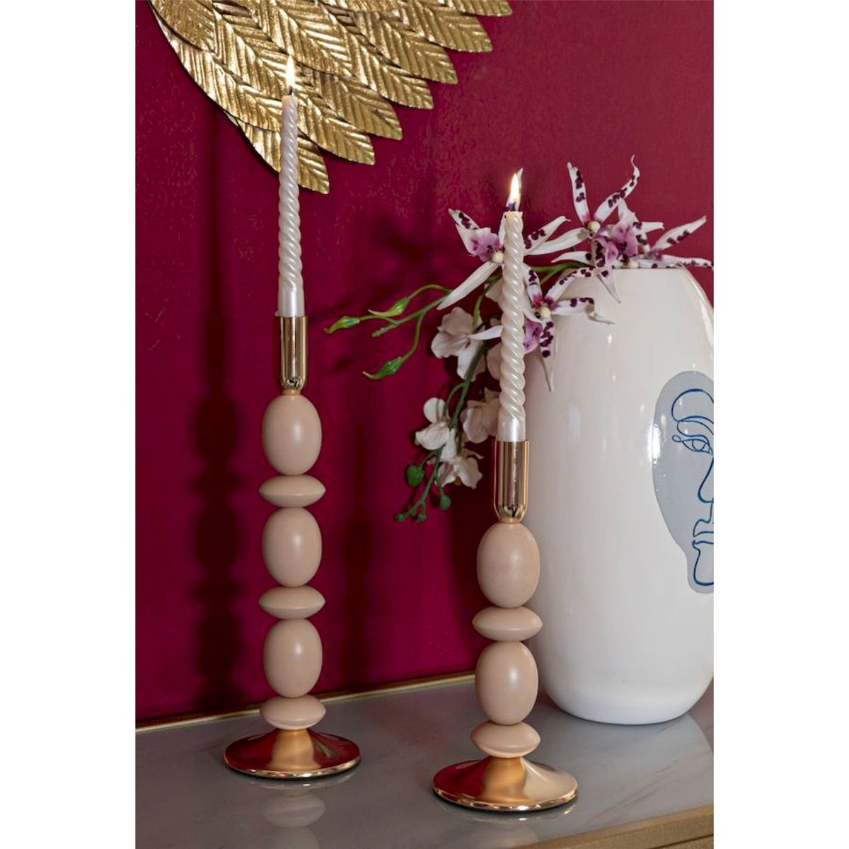 Bougeoirs en fer sculpturaux lot de 2 GLAM rose et doré, RECOLLECTION