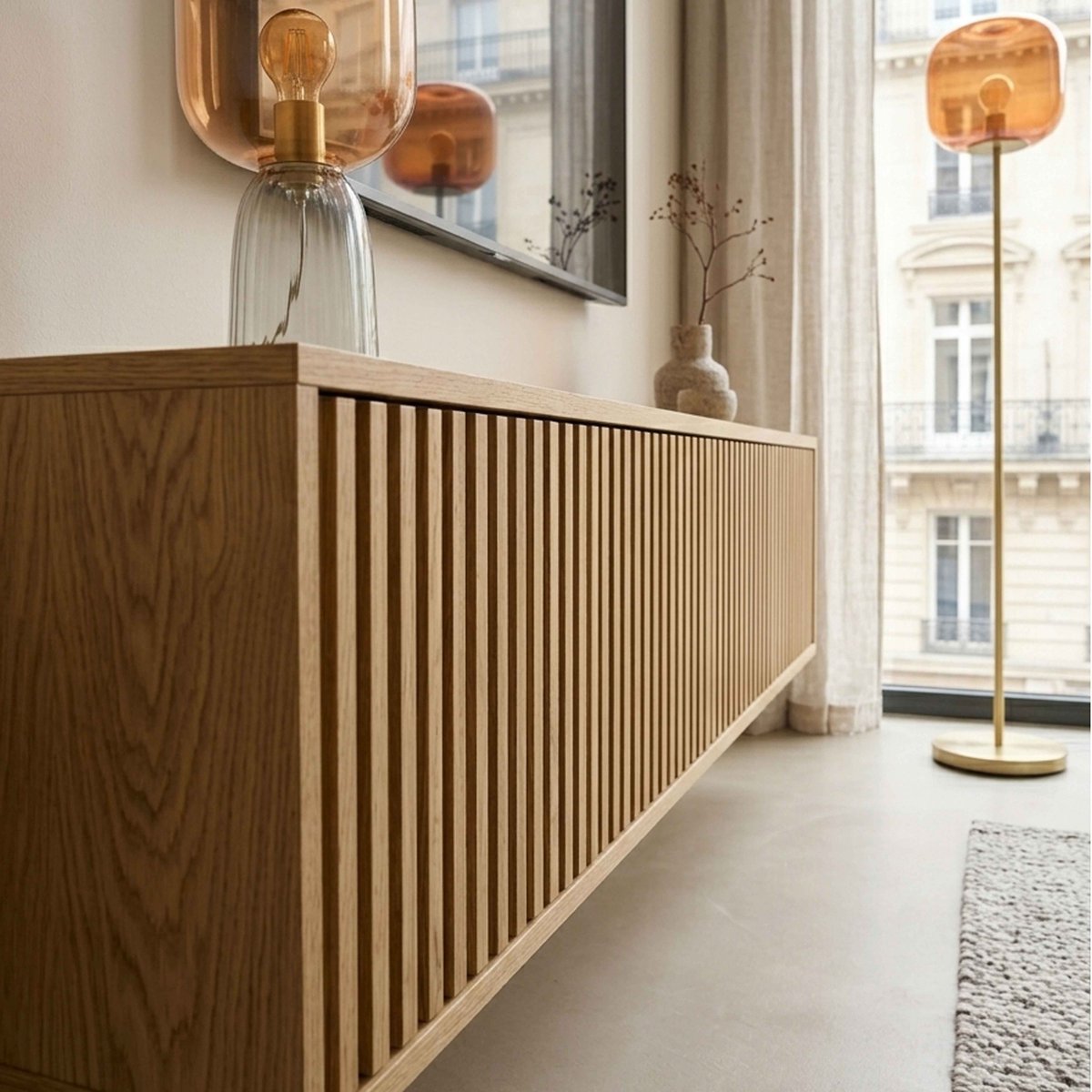 Meuble TV suspendu effet bois clair 160 cm style scandinave, IVY bois clair, OVIALA