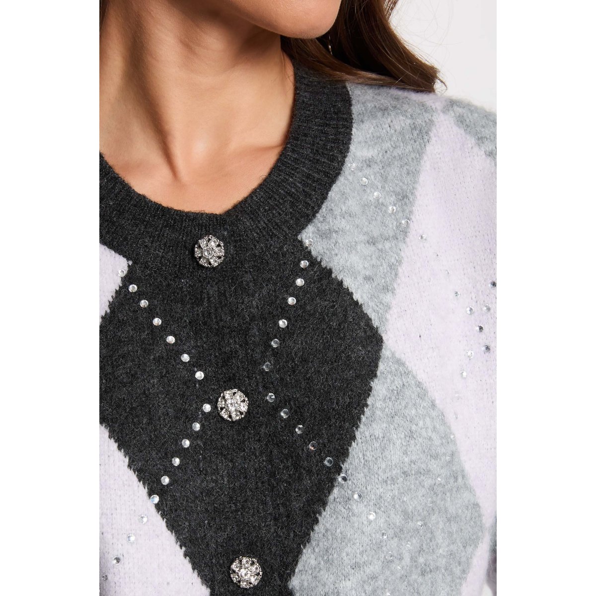 Gilet jacquard col v gris moyen, MORGAN