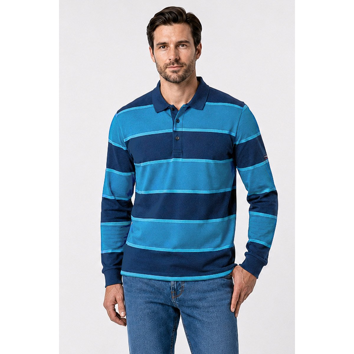 Polo rayé manches longues - coton marine deep/dark blue/wate, ARMOR-LUX