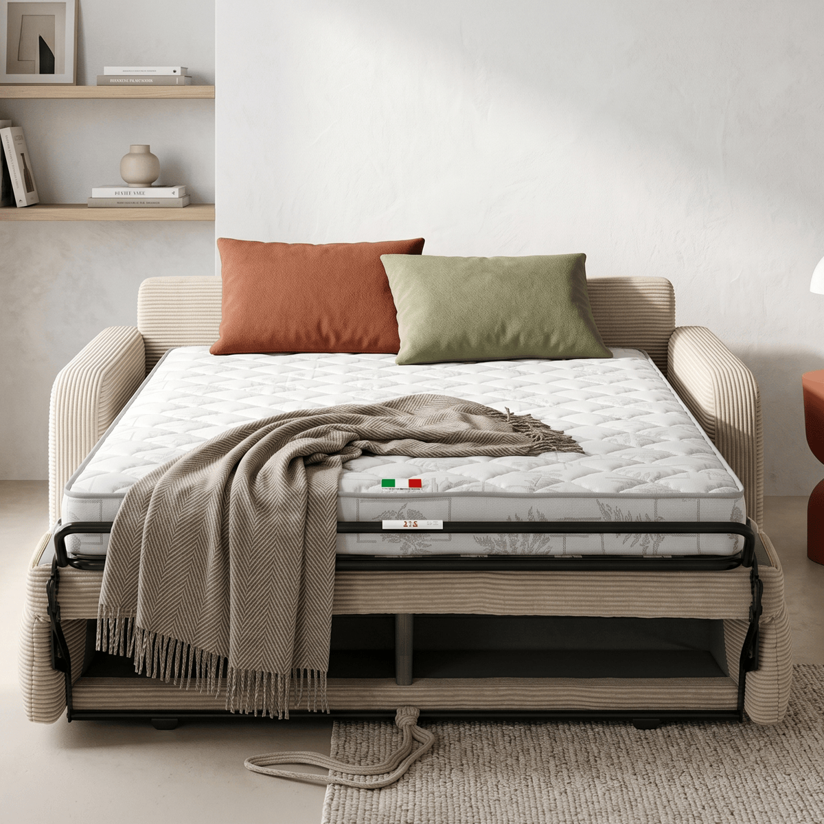 Canapé droit convertible 3 places en velours côtelé - ouverture express - LUMIO beige, HOMIFAB