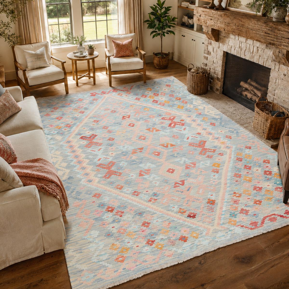 Tapis kilim, motif ethnique authentique, tissé plat KILIM 59 bleu, orange, rouge, UN AMOUR DE TAPIS