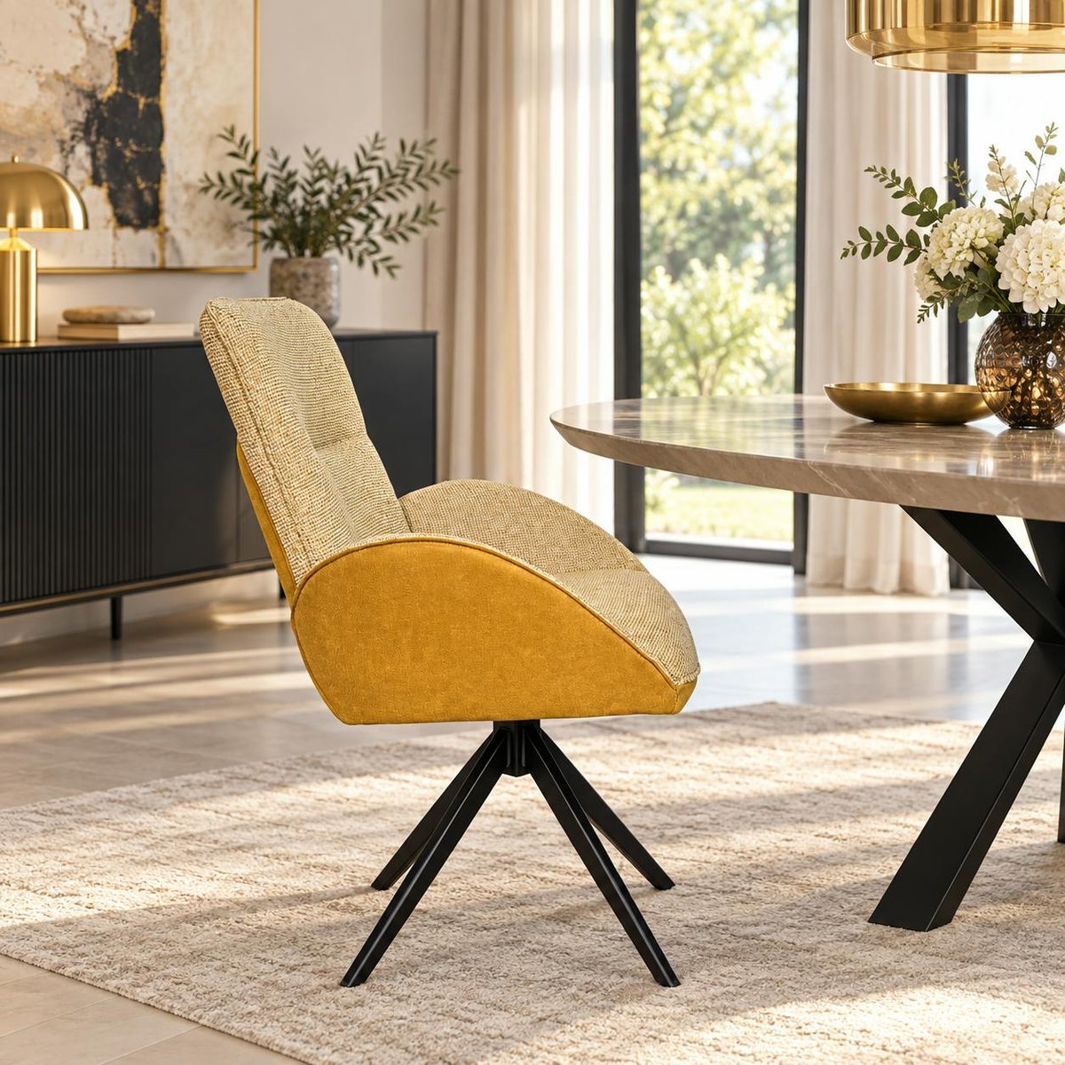Fauteuil de table pivotant tissu bi-matière (lot de 2) AGADE moutarde, PIER IMPORT