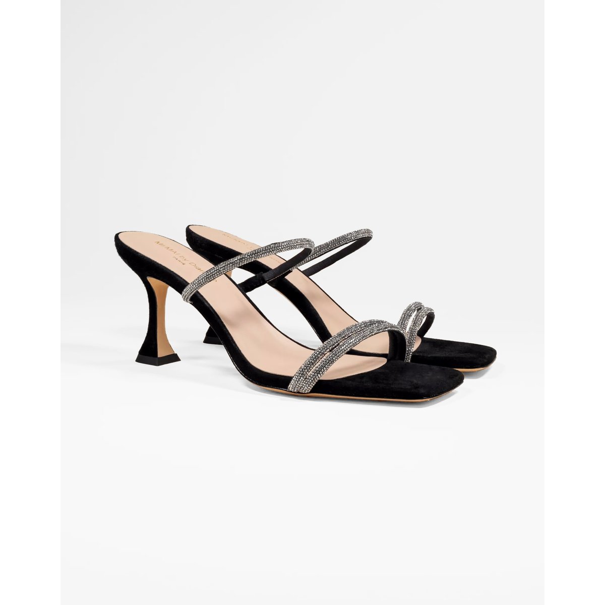 Mules en daim à bout carré et strass TOKYO noir, MI MAI
