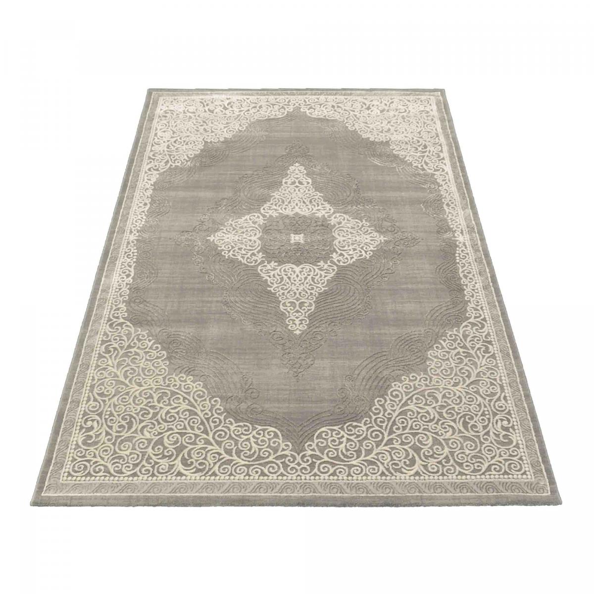 Tapis orient tissé motif ethnique MEDAROND gris, beige, UN AMOUR DE TAPIS