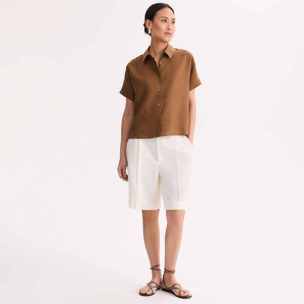 Chemise en lin manches courtes  marron doré, ANNE WEYBURN