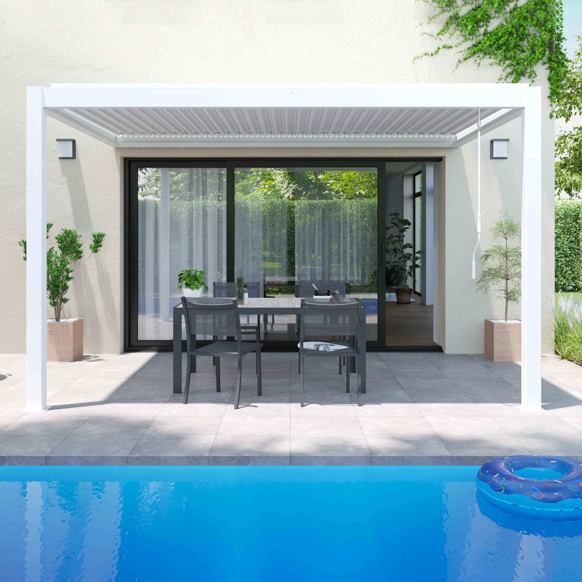 Pergola bioclimatique adossée blanche 3x4m et 1 Store 2,66 x 2,34 m blanc, OVIALA