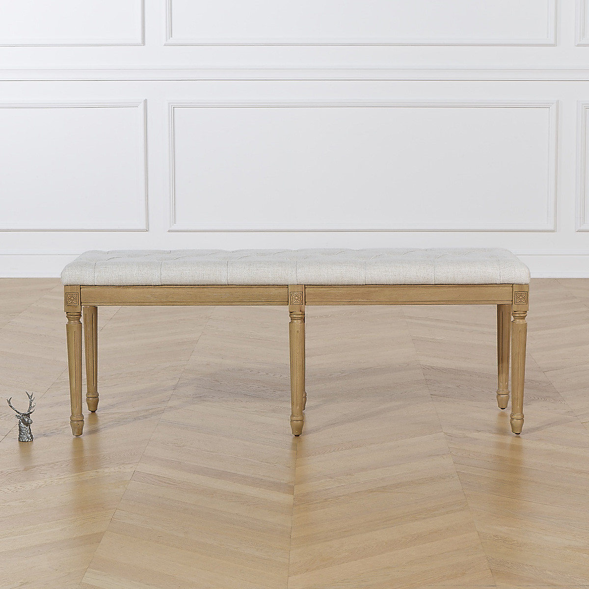 Banc capitonné style shabby chic en hévéa et tissu effet lin MARCEAU lin, ROBIN DES BOIS