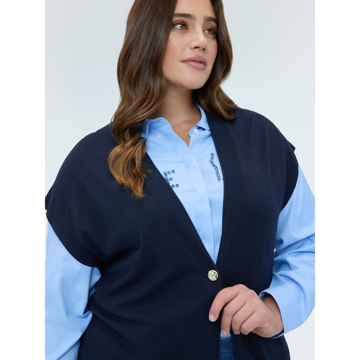 Gilet long en mélange viscose bleu, FIORELLA RUBINO