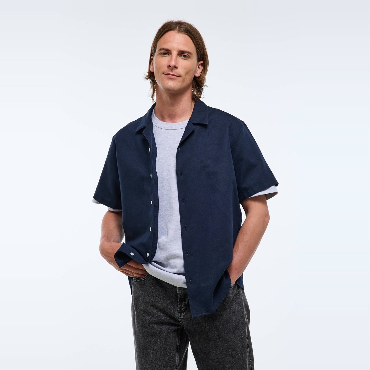 Chemise manches courtes en lin / coton marine, MONOPRIX