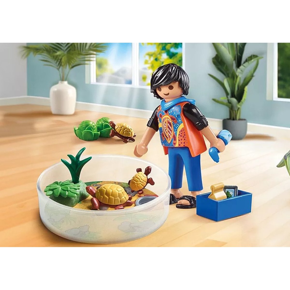 Garçon avec famille de tortues dans un terrarium multicolore, PLAYMOBIL