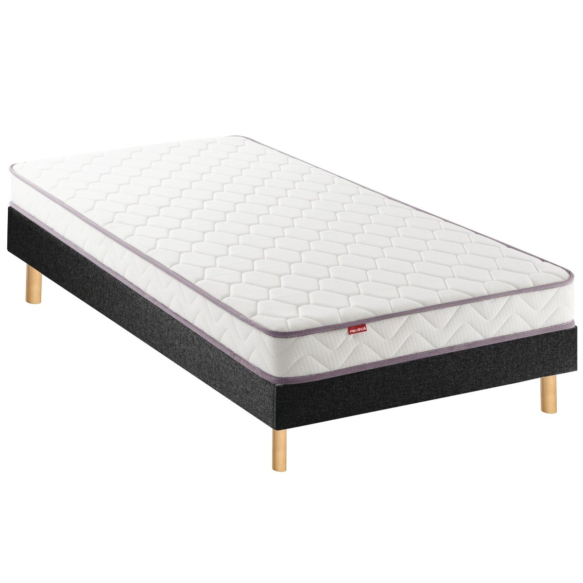 Ensemble matelas mousse POSITIVE LIT, sommier en kit déco et pieds blanc, MERINOS