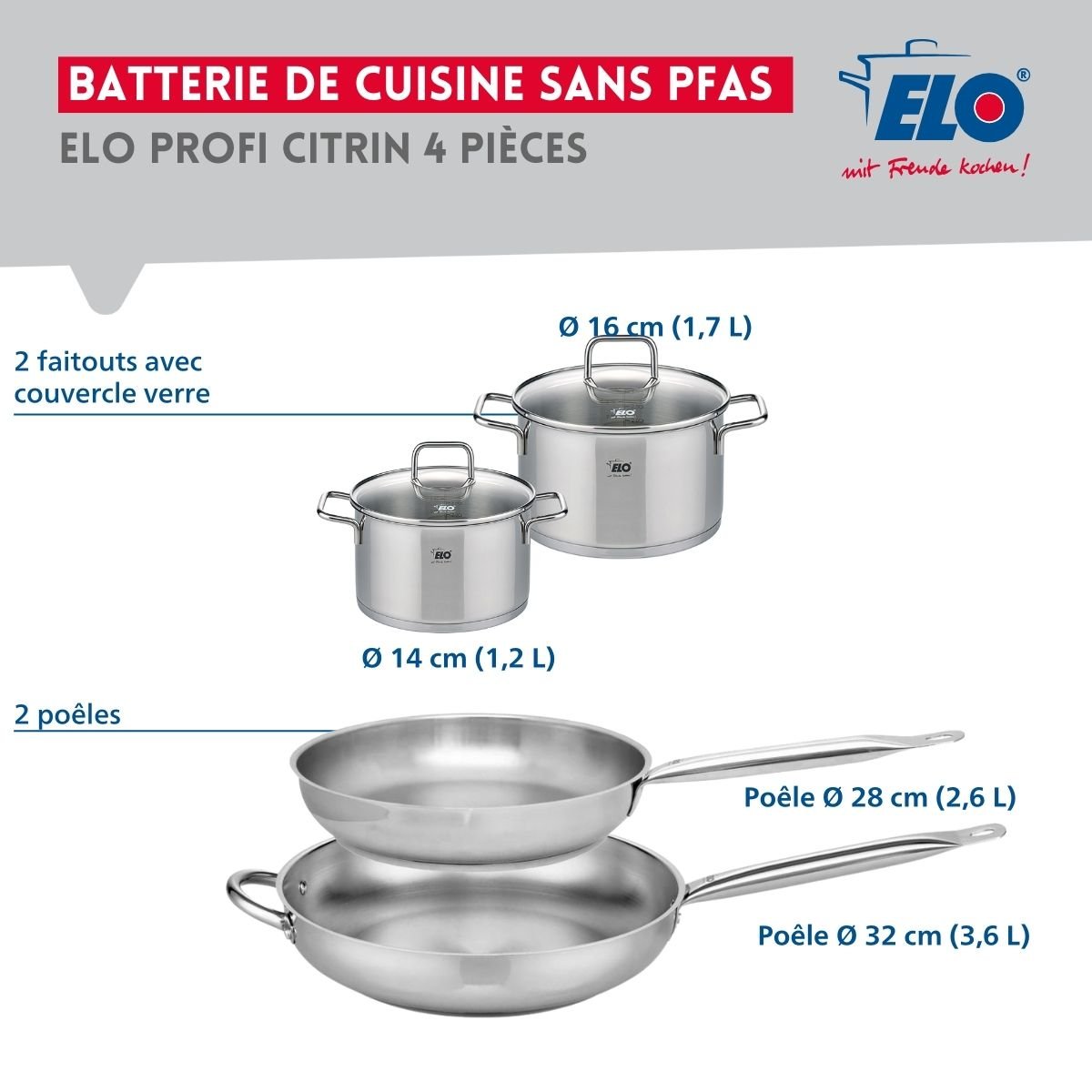 Batterie 2 poêles 28/32cm + 2 faitouts 14/16cm PROFI CITRIN inox, ELO