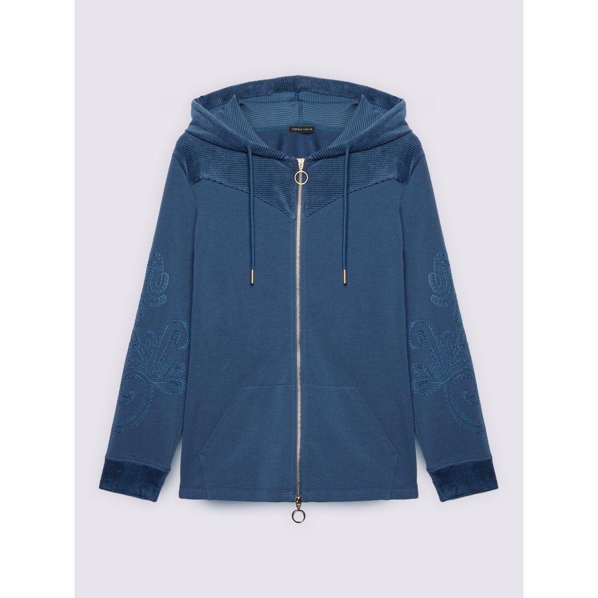 Sweat à capuche ouvert avec broderies florales bleuet, FIORELLA RUBINO