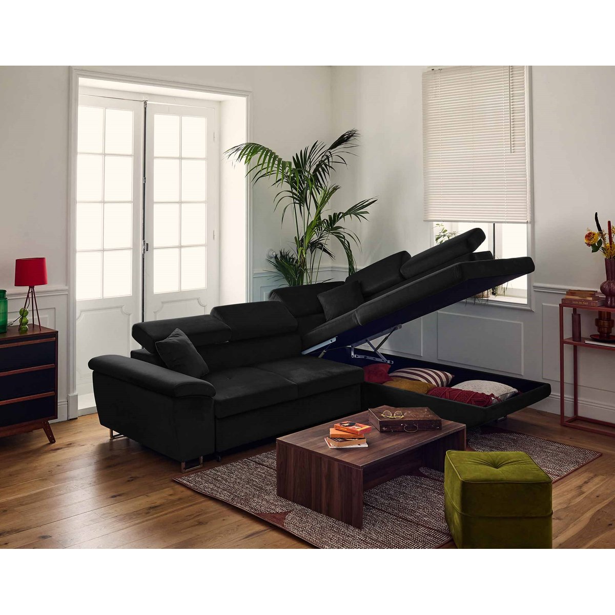 Canapé d'angle droit convertible 5 places, DIMAS noir, BEST MOBILIER