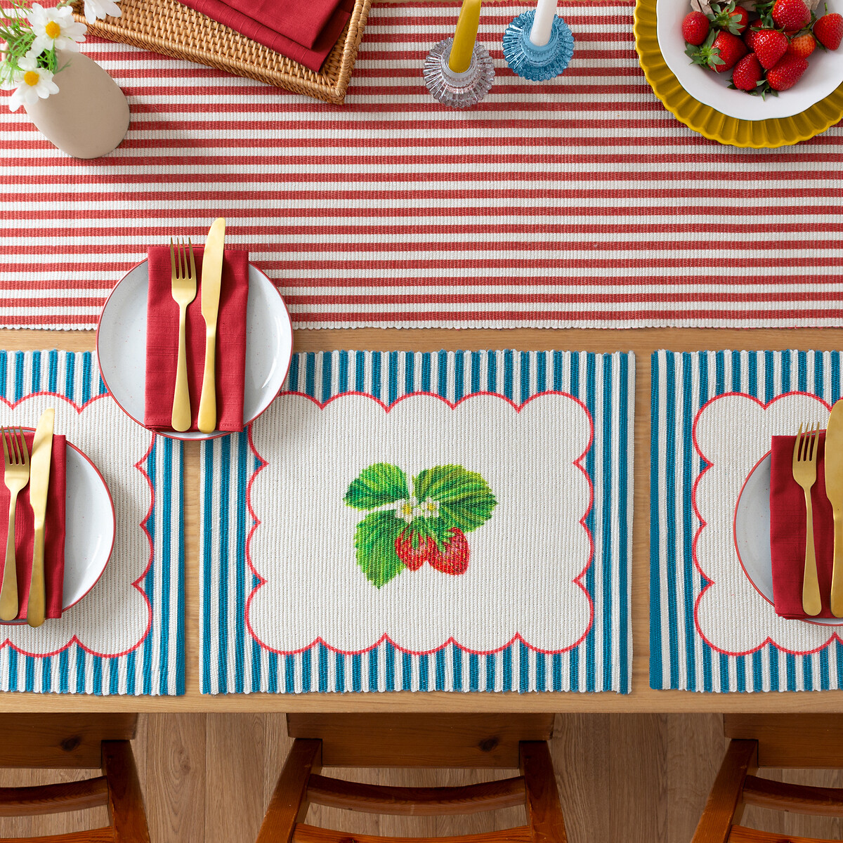 Set of 4 Strawberry Stripe Placemats blue, SO'HOME