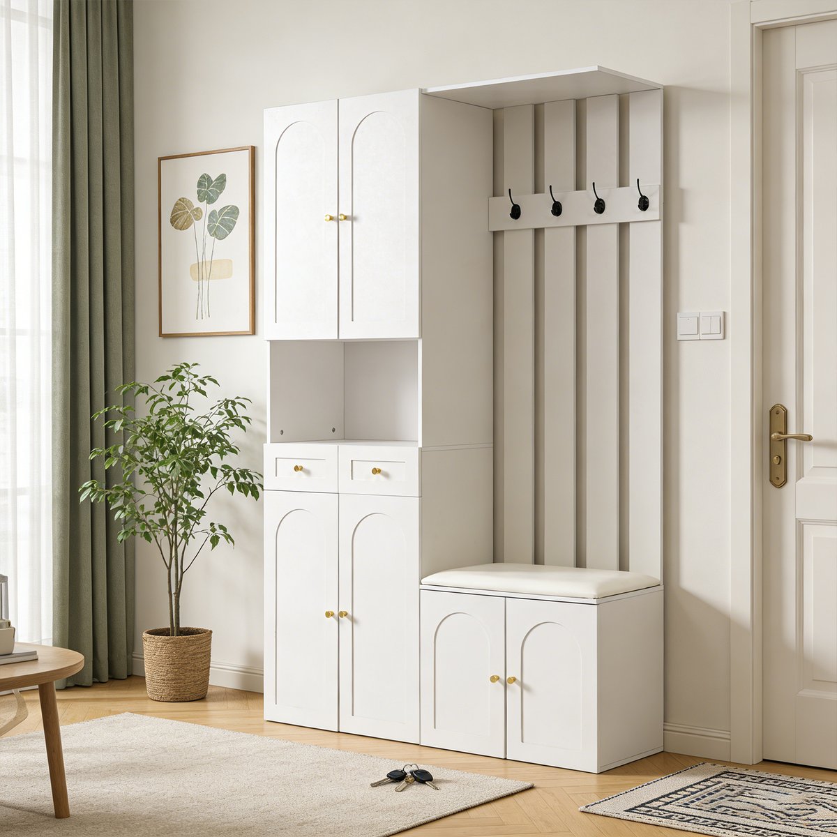 Vestiaire d'entrée avec banc et rangement, PORTER-N blanc, MEUBLES COSY