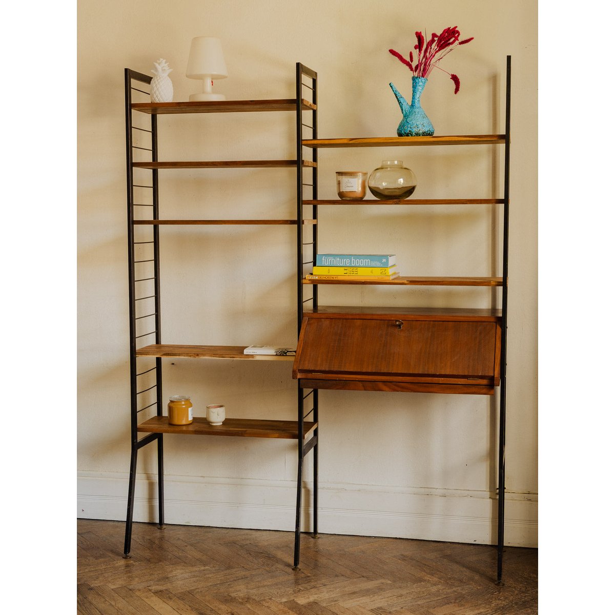 Bibliothèque modulable en bois et métal noir Madeleine N°751 - Bon état bois foncé, DEBONGOUT