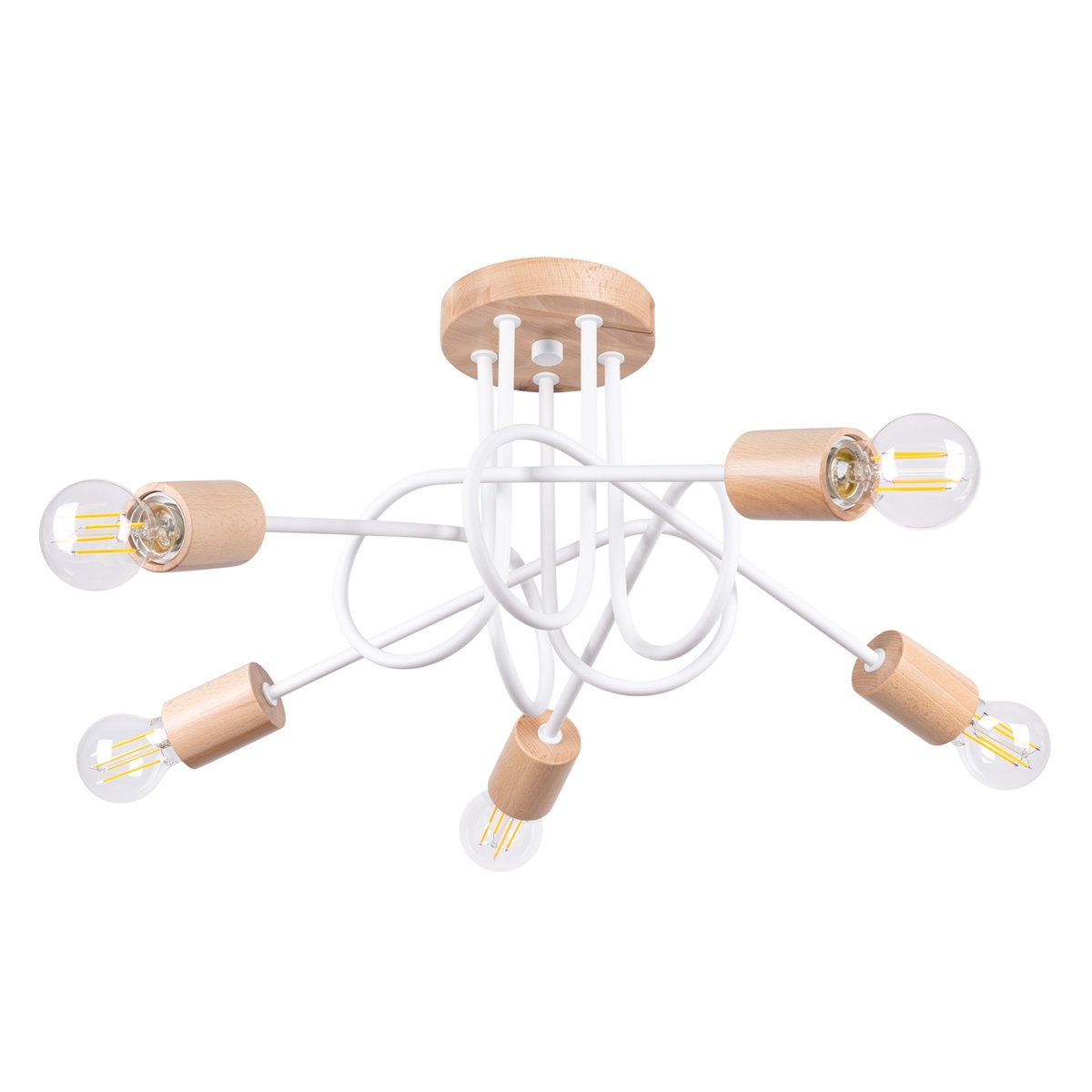 Lustre Acier Blanc/Bois Naturel E27 5 Ember blanc, EDEN