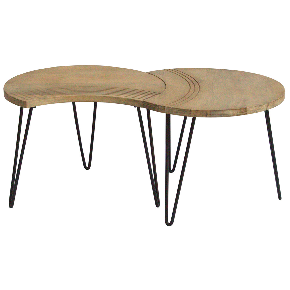 Tables basses gigognes gravées bois manguier massif et métal noir (lot de 3) VIBES naturel, MILIBOO