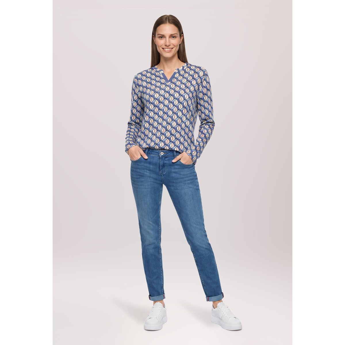 T-shirt façon blouse à imprimé bleu/beige, BETTY BARCLAY