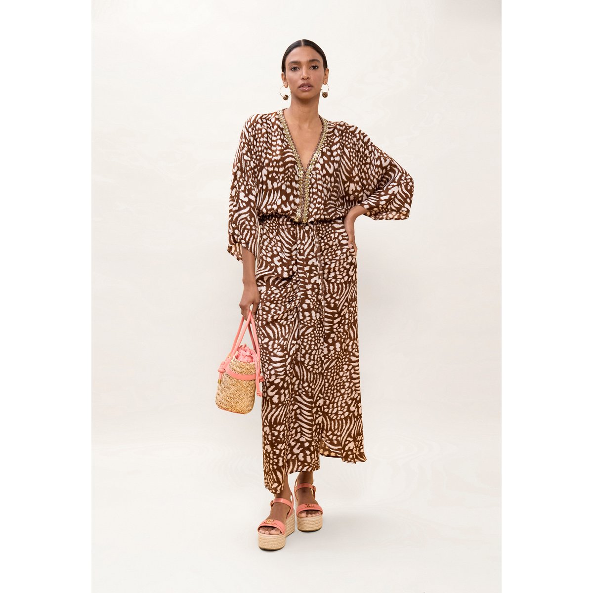 Robe longue style kaftan imprimé animal marron, LOLA CASADEMUNT