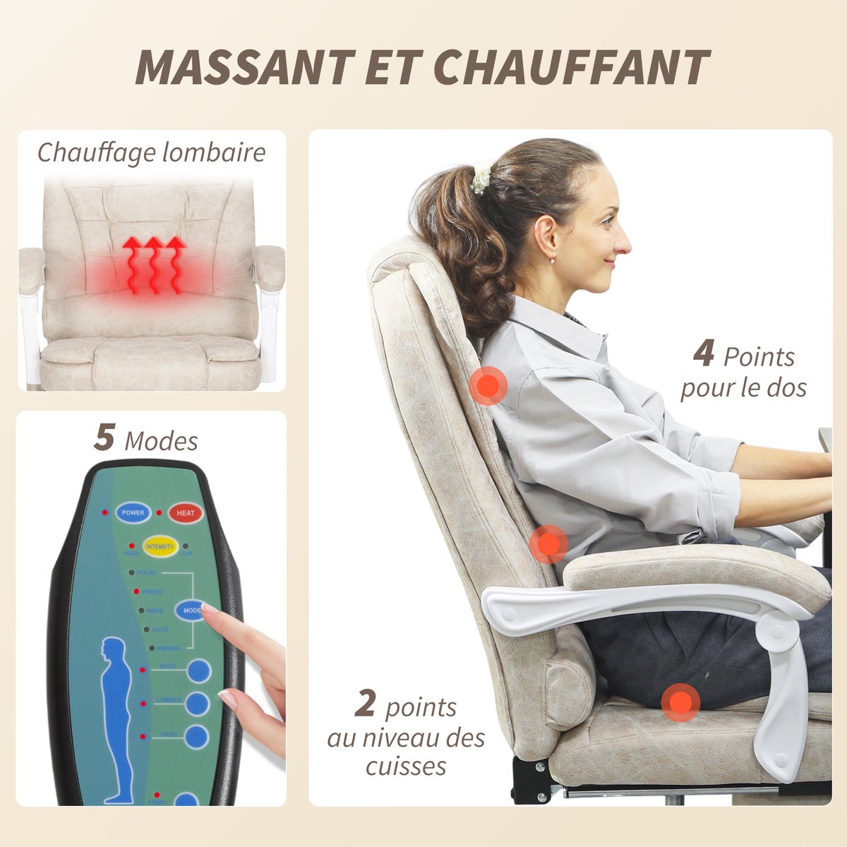 Fauteuil de bureau avec fonction massage crème, HOMCOM