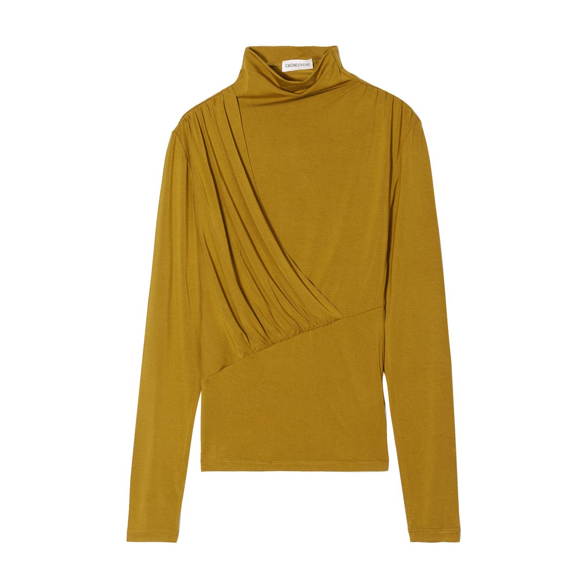 T-shirt drapé col montant jaune foncé, CACHE CACHE