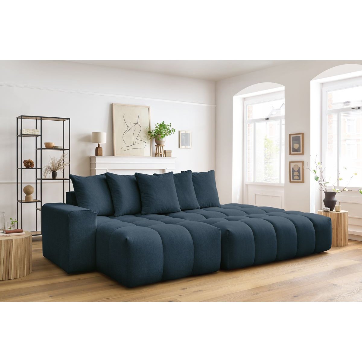 Canapé d'angle fixe 4 places en tissu chiné avec pouf, MONT-BLANC bleu foncé, BOBOCHIC