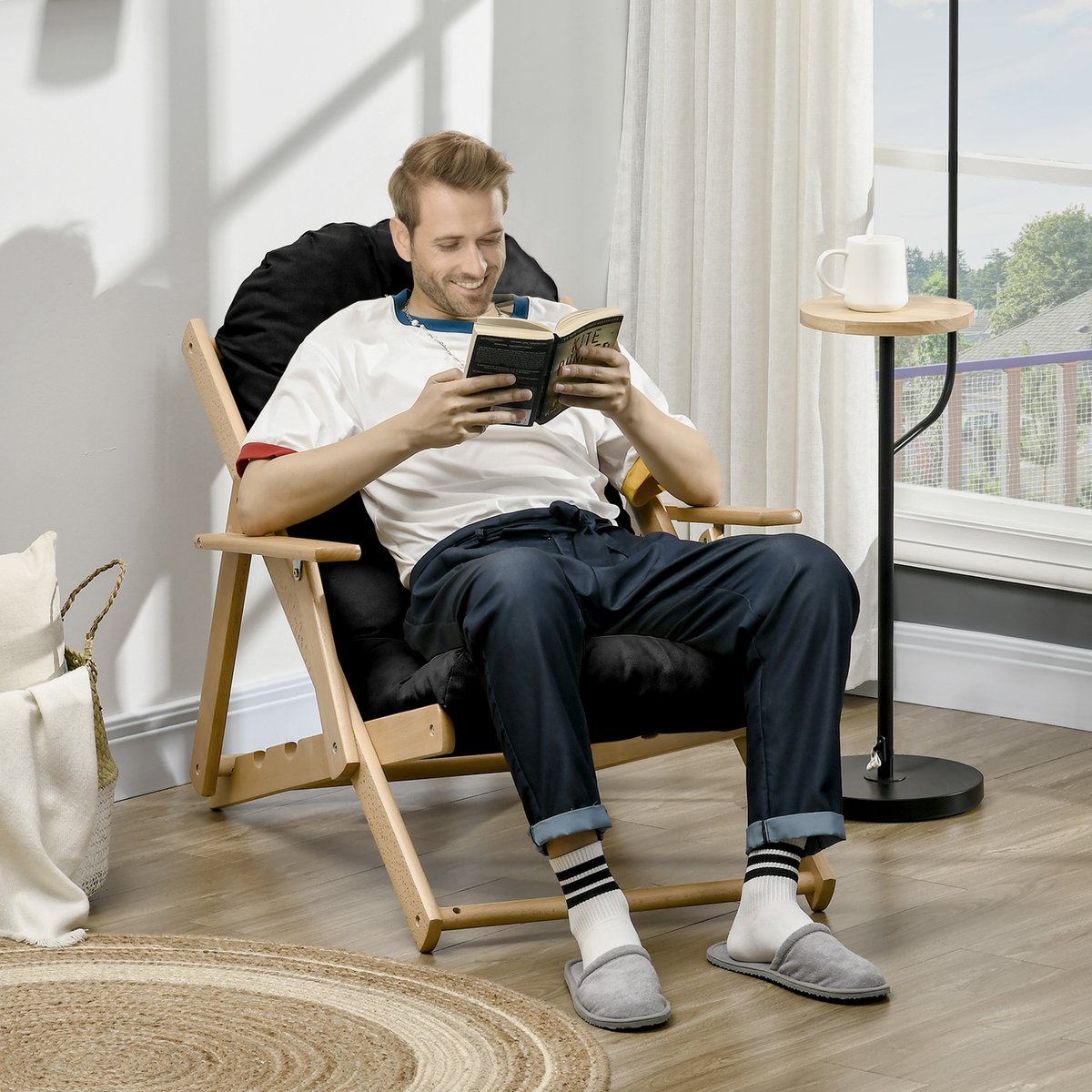 Accent Chair Bois d'hévéa Noir noir, HOMCOM